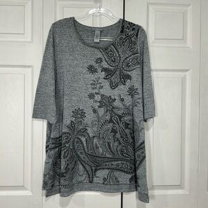 🌷 Catherines Gray Floral Rhinestones Top Shirt - Size 0X